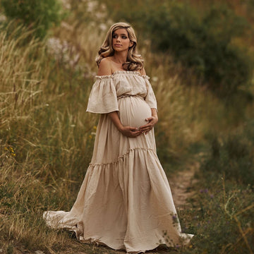 MQTIME  -  Women Boho Dress Comfortable Linen Cotton Maternity Clothing Vintage  Short Sleeve Dress For Pregnancy Photo Shoot